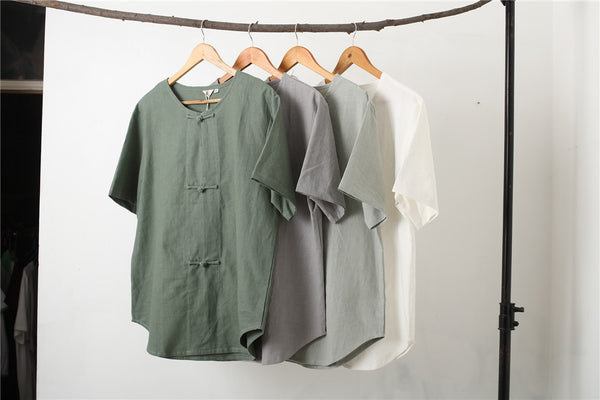 Men Buckle Zen Style Linen and Cotton Short Sleeve Tops