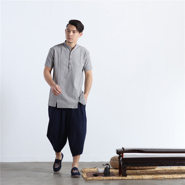 Men Chinese Style Short Sleeve Linen and Cotton T-shirt Top