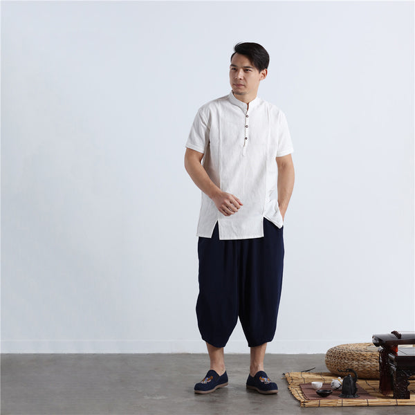 Men Chinese Style Short Sleeve Linen and Cotton T-shirt Top