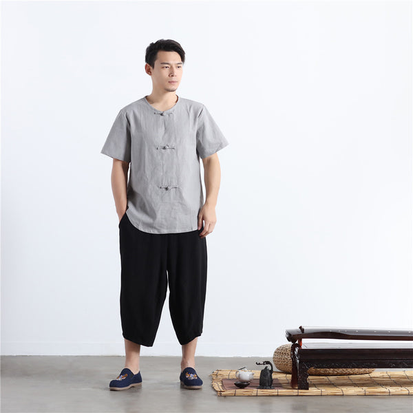 Men Buckle Zen Style Linen and Cotton Short Sleeve Tops