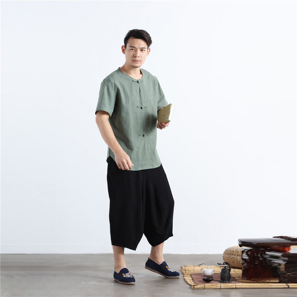 Men Buckle Zen Style Linen and Cotton Short Sleeve Tops