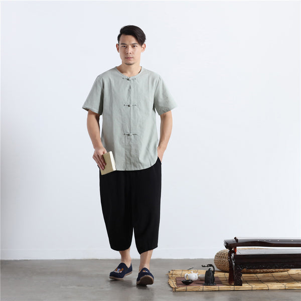 Men Buckle Zen Style Linen and Cotton Short Sleeve Tops