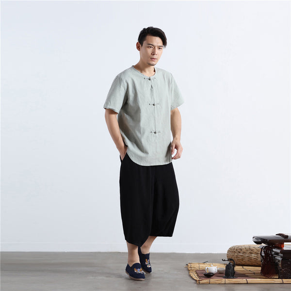 Men Buckle Zen Style Linen and Cotton Short Sleeve Tops