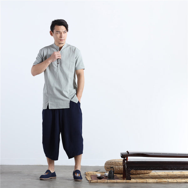 Men Chinese Style Short Sleeve Linen and Cotton T-shirt Top