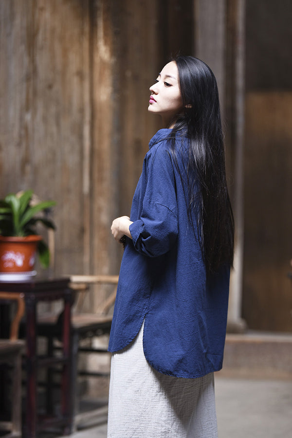 Simple Retro Style Linen and Cotton Half Button Collar Bracelet Sleeve Shirt