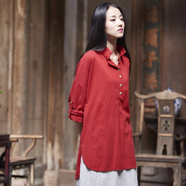 Simple Retro Style Linen and Cotton Half Button Collar Bracelet Sleeve Shirt