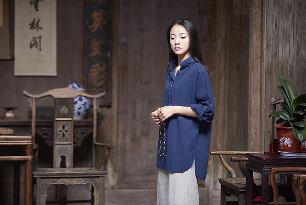 Simple Retro Style Linen and Cotton Half Button Collar Bracelet Sleeve Shirt