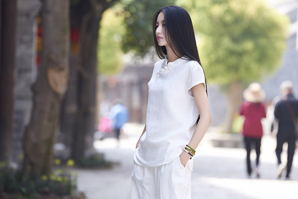 Original Retro Asian Style Slim Women’s cotton and linen Short-Sleeve blouses