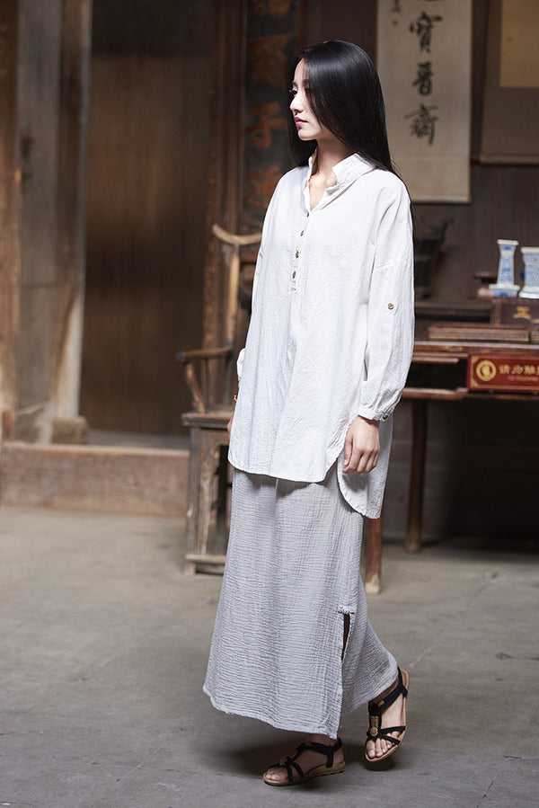 Simple Retro Style Linen and Cotton Half Button Collar Bracelet Sleeve Shirt