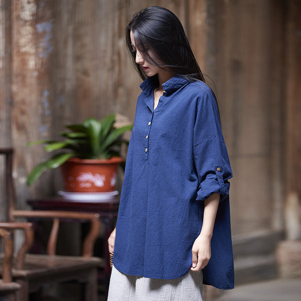 Simple Retro Style Linen and Cotton Half Button Collar Bracelet Sleeve Shirt