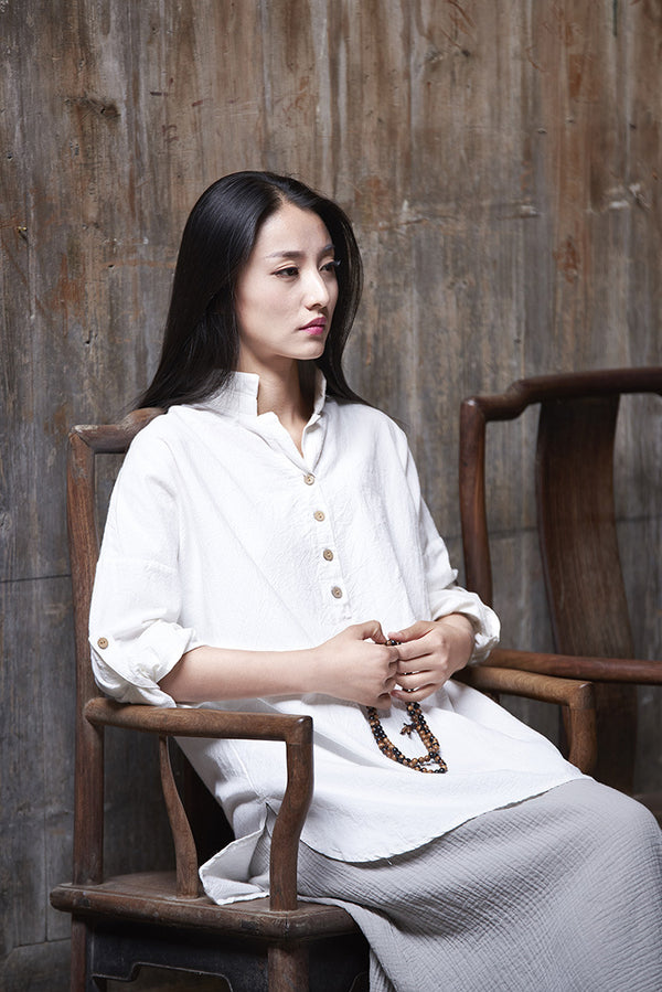 Simple Retro Style Linen and Cotton Half Button Collar Bracelet Sleeve Shirt