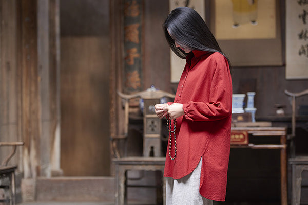 Simple Retro Style Linen and Cotton Half Button Collar Bracelet Sleeve Shirt