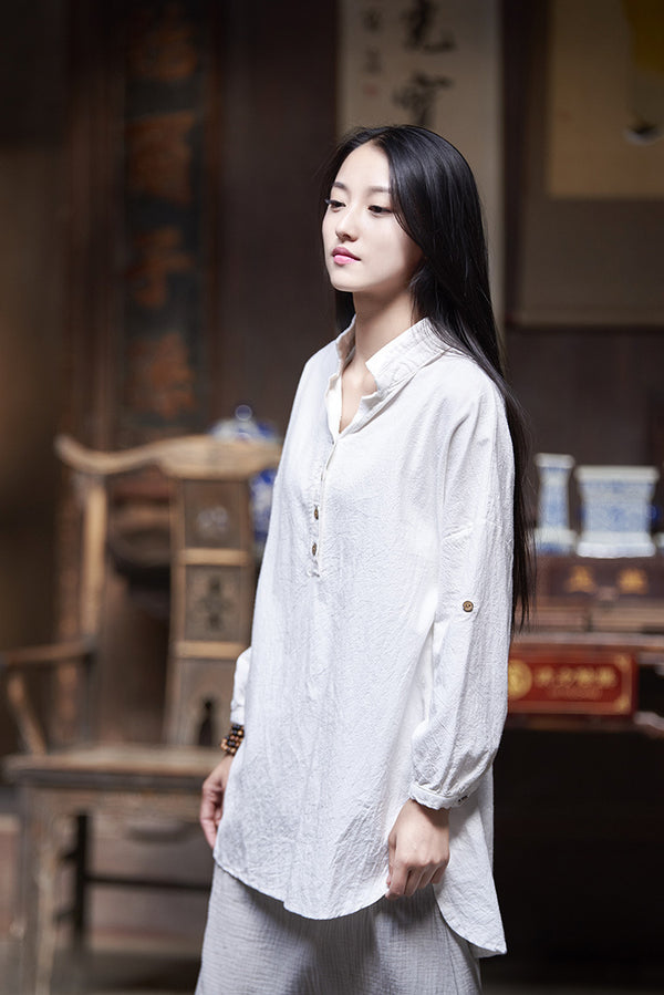 Simple Retro Style Linen and Cotton Half Button Collar Bracelet Sleeve Shirt