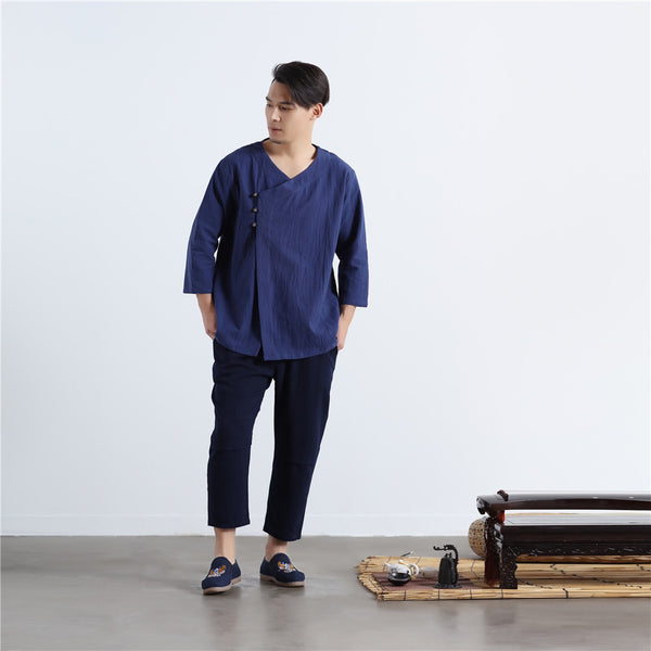 Men Asian Retro Zen Style Linen and Cotton 3/4 Sleeve Tops