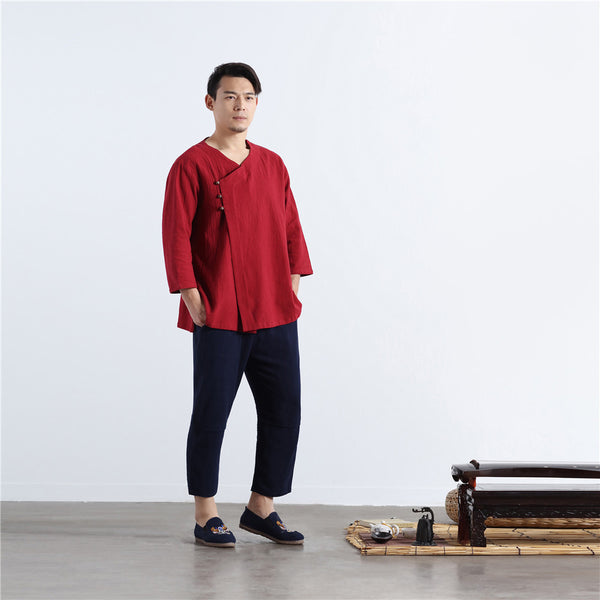 Men Asian Retro Zen Style Linen and Cotton 3/4 Sleeve Tops