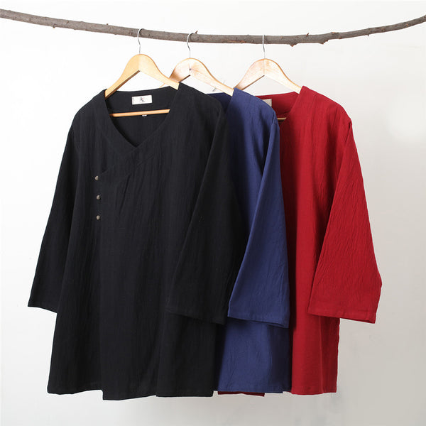Men Asian Retro Zen Style Linen and Cotton 3/4 Sleeve Tops