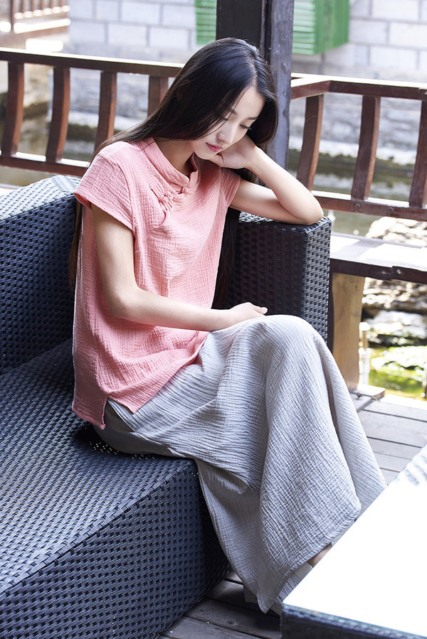 Original Retro Asian Style Slim Women’s cotton and linen Short-Sleeve blouses