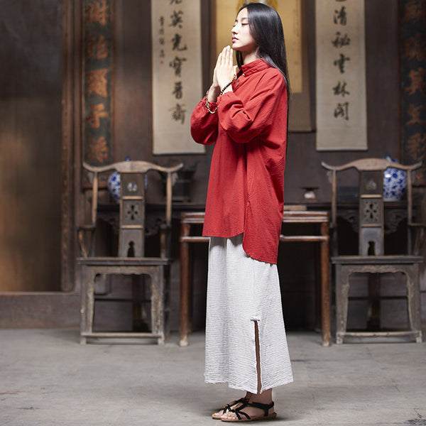 Simple Retro Style Linen and Cotton Half Button Collar Bracelet Sleeve Shirt