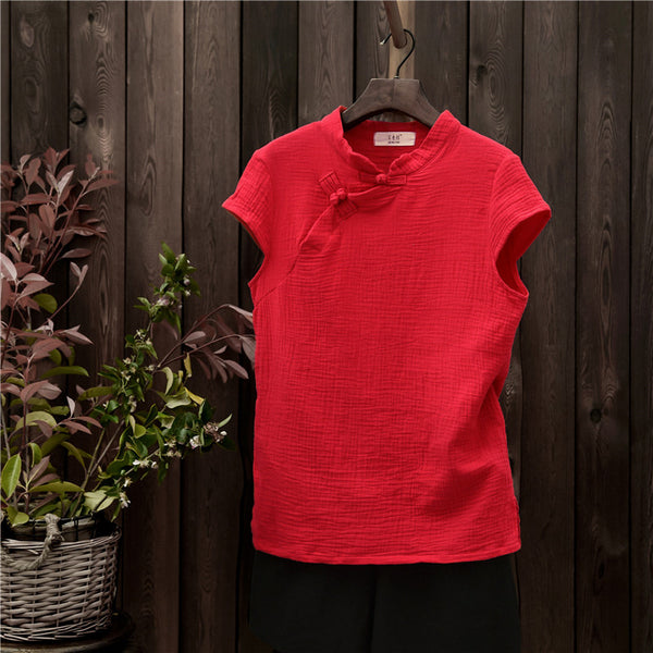 Original Retro Asian Style Slim Women’s cotton and linen Short-Sleeve blouses