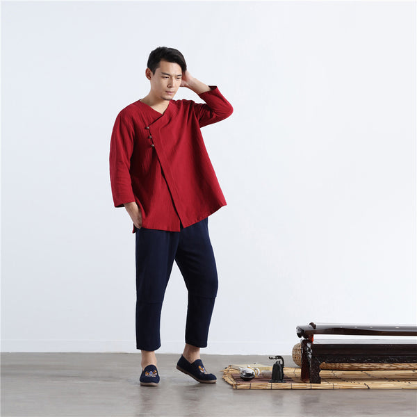 Men Asian Retro Zen Style Linen and Cotton 3/4 Sleeve Tops