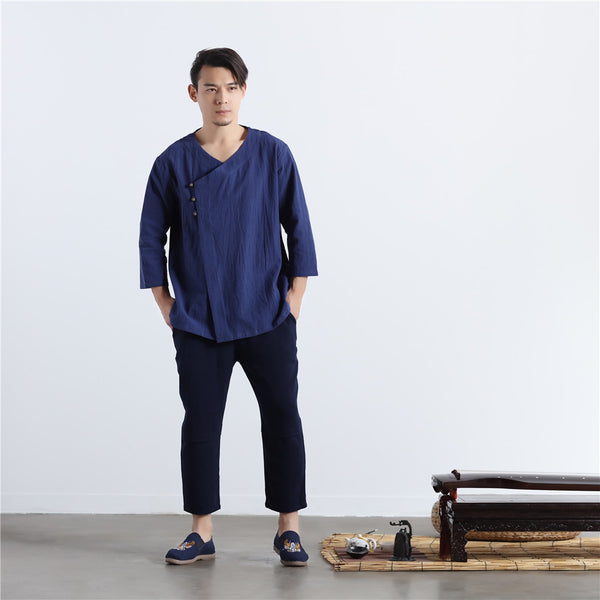 Men Asian Retro Zen Style Linen and Cotton 3/4 Sleeve Tops