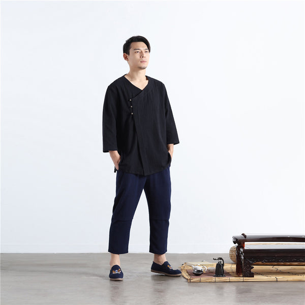 Men Asian Retro Zen Style Linen and Cotton 3/4 Sleeve Tops