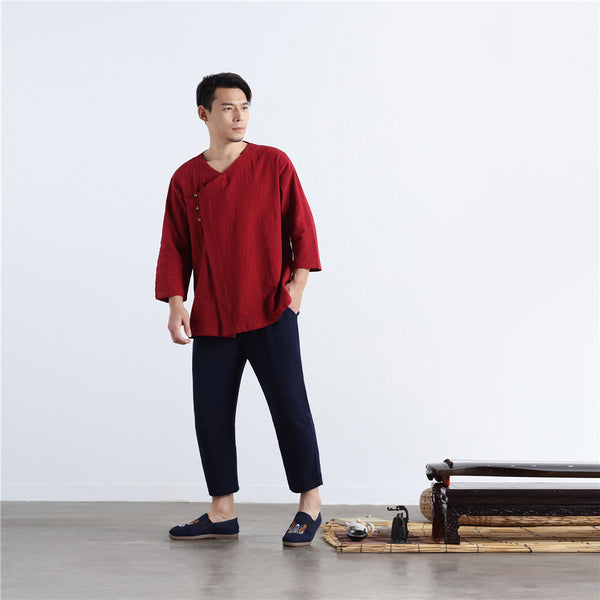 Men Asian Retro Zen Style Linen and Cotton 3/4 Sleeve Tops