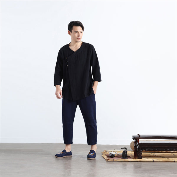 Men Asian Retro Zen Style Linen and Cotton 3/4 Sleeve Tops
