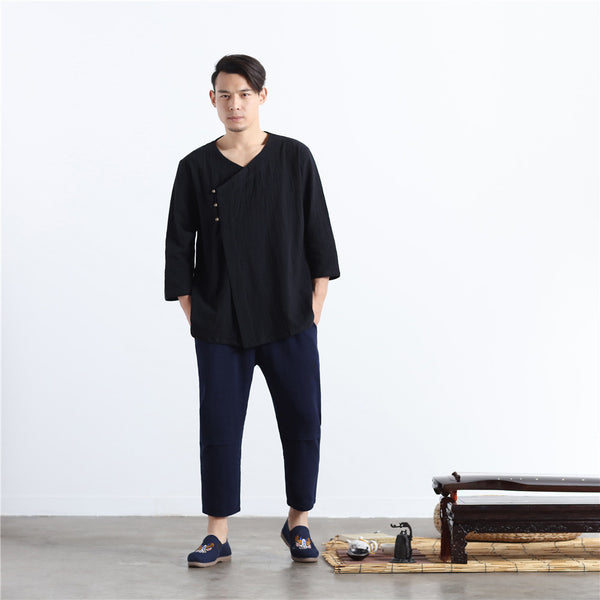 Men Asian Retro Zen Style Linen and Cotton 3/4 Sleeve Tops