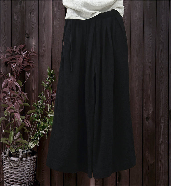 Women Loose Wide Leg Yoga Skirt Type Linen and Cotton Pants