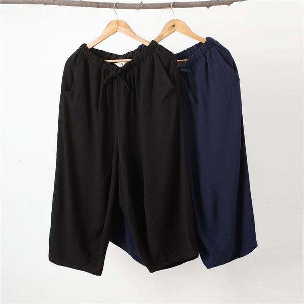 Men Casual Simple Pure Color Cotton and Linen Hanging Crotch Cropped Pants