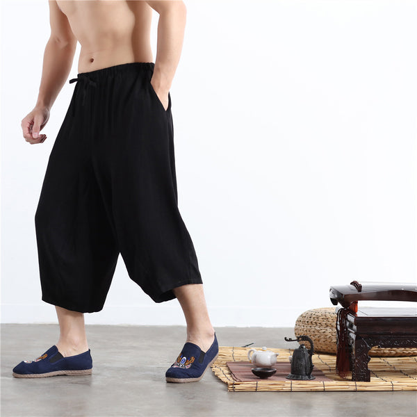 Men Casual Simple Pure Color Cotton and Linen Hanging Crotch Cropped Pants
