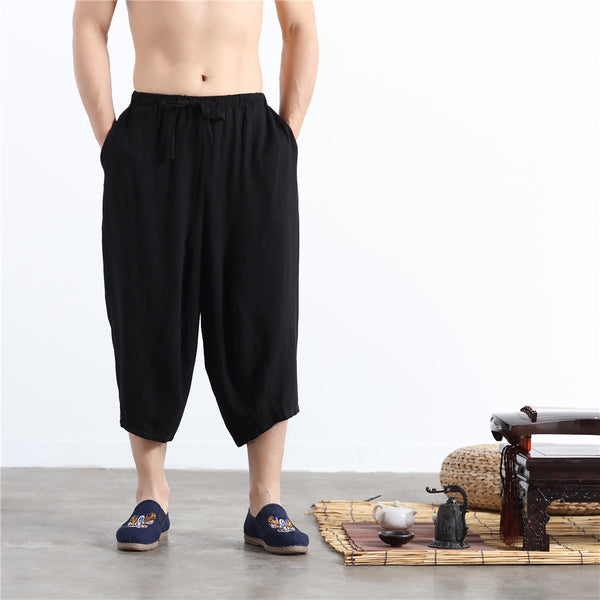 Men Casual Simple Pure Color Cotton and Linen Hanging Crotch Cropped Pants