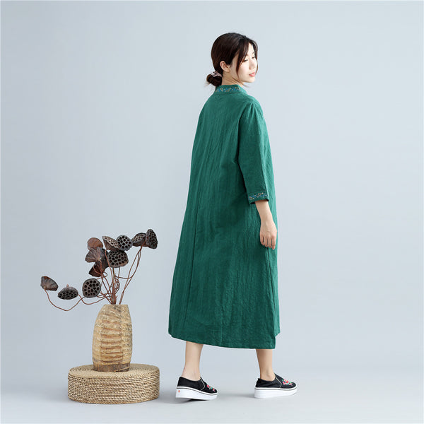 Women Reto Hanfu Type Linen and Cotton V-necked Jacquard Dress
