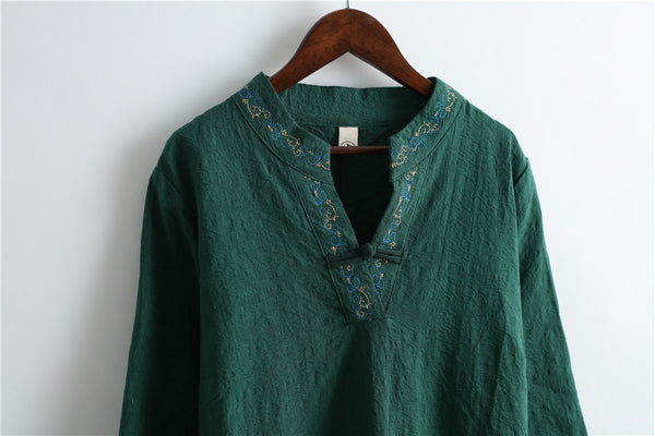 Women Reto Hanfu Type Linen and Cotton V-necked Jacquard Dress