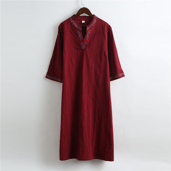 Women Reto Hanfu Type Linen and Cotton V-necked Jacquard Dress