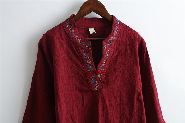 Women Reto Hanfu Type Linen and Cotton V-necked Jacquard Dress