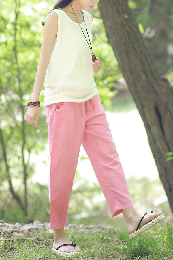 30% Sale!!! Women Simple Casual Light Linen and Cotton Cropped Pant (Capri)