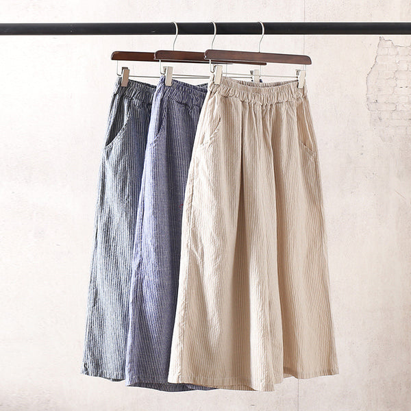 Women Causal Linen and Cotton Wide Leg Cropped Pants