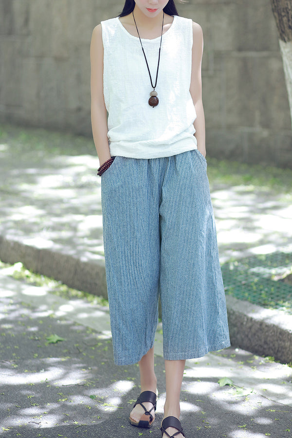 Women Causal Linen and Cotton Wide Leg Cropped Pants