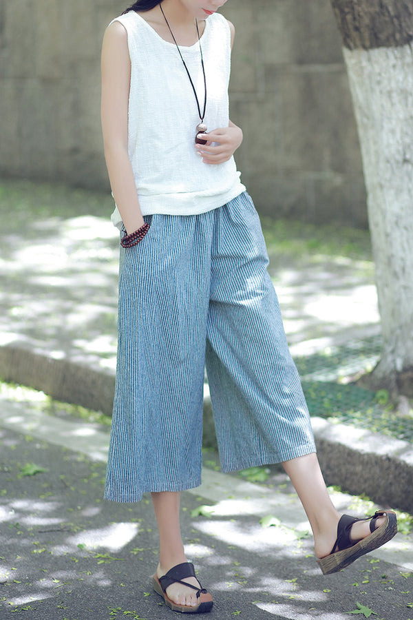Women Causal Linen and Cotton Wide Leg Cropped Pants
