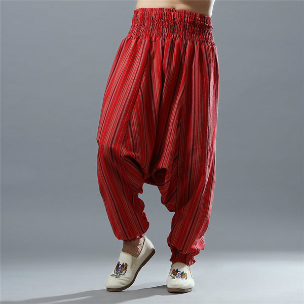 Men Casual Loose Stripe Patterned Cotton and Linen Hanging Crotch Pants