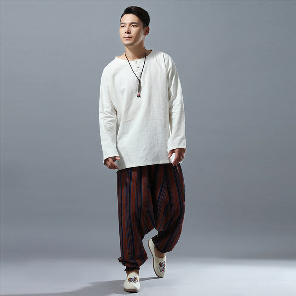 Men Casual Loose Stripe Patterned Cotton and Linen Hanging Crotch Pants