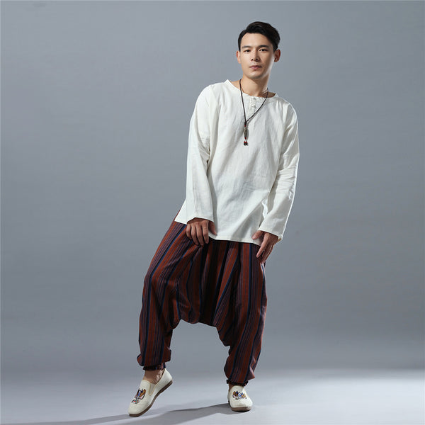 Men Casual Loose Stripe Patterned Cotton and Linen Hanging Crotch Pants