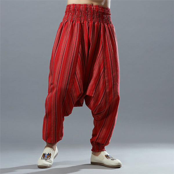 Men Casual Loose Stripe Patterned Cotton and Linen Hanging Crotch Pants