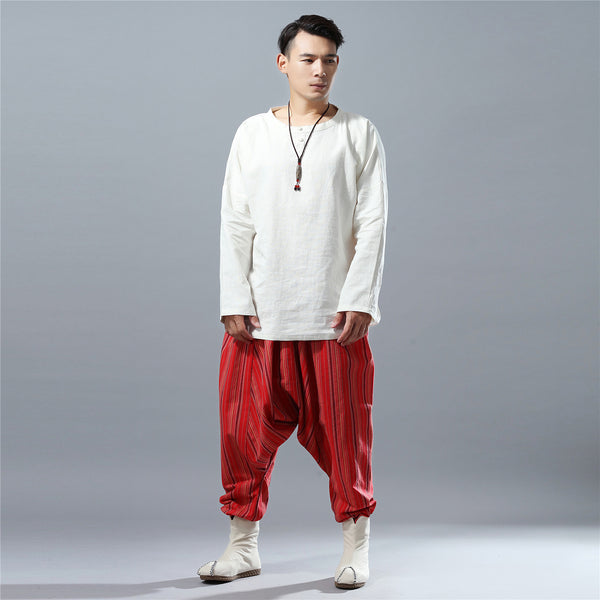 Men Casual Loose Stripe Patterned Cotton and Linen Hanging Crotch Pants