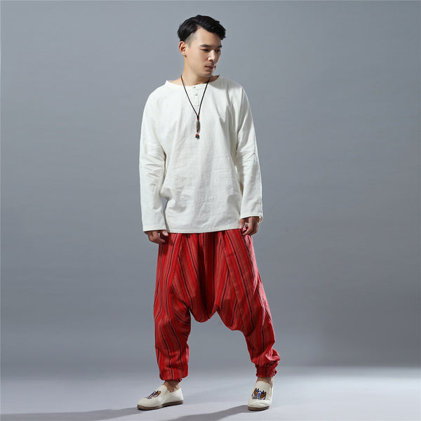 Men Casual Loose Stripe Patterned Cotton and Linen Hanging Crotch Pants