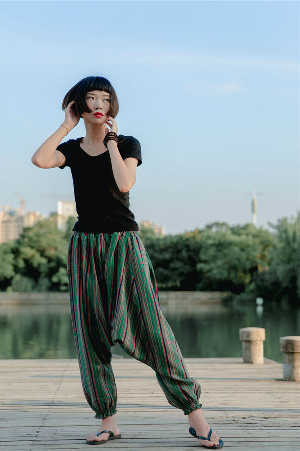 Women Loose Stripe Patterned Cotton and Linen Hanging Crotch Pants