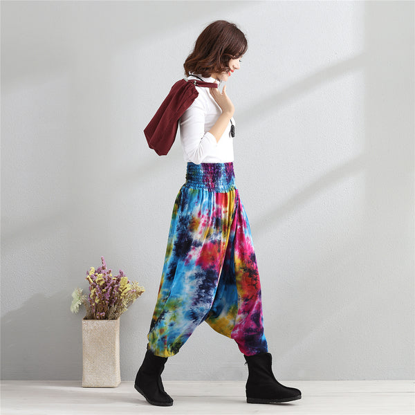 Women Casual Loose Colorful Linen and Cotton Silk Hanging Crotch Pants