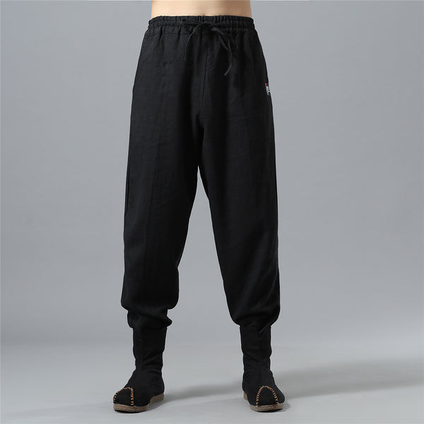 Men Causal Pure Color Cotton and Linen KungFu Jogger Pants